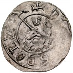 Boleslaw III the Wrymouth 1107-1138, Denarius, Av: Prince on throne, inscription: +DV....SBOLZA, Rv: Cross with arms ending in two crossbars, between the arms, in each of the four zones a large dot, inscription: +DENRA....S.