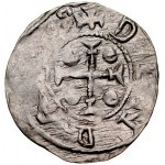 Bolesław III Krzywousty 1107-1138, Denar, Av.: Książę na tronie, napis: +DV....SBOLZA, Rv.: Krzyż o ramionach zakończonych dwoma poprzeczkami, między ramionami, w każdej z czterech stref po dużej kropce, napis: +DENRA....S.