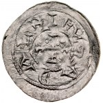 Bolesław III Krzywousty 1107-1138, Denar, Av.: Książę i Św. Wojciech, Rv.: Krzyż o ramionach zakończonych dwoma poprzeczkami, między ramionami małe kropki, napis: ADALBIBVS.