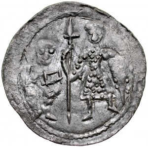 Boleslaw III the Wrymouth 1107-1138, Denarius, Av: Prince and St. Adalbert, Rv: Cross with arms ending in triangular shaped rafters, small dots between the arms, and spheres with dots, inscription: ALBIBEDC.