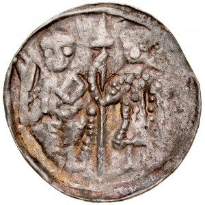 Boleslaw III. von Wrymouth 1107-1138, Denar, Av: Fürst und St. Adalbert, Rv: Griechisches Kreuz, zwei Legenden, ADABLBLSV / BOLZAV.