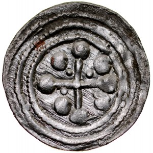 Bolesław III Krzywousty 1107-1138, Denar, Av.: Walka ze smokiem, Rv.: Krzyż o ramionach zakończonych kulami, między ramionami duże i małe kropki.
