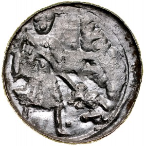 Boleslaw III. von Wrymouth 1107-1138, Denar, Av: Kampf mit Drache, Rv: Kreuz mit Armen, die in Kugeln enden, zwischen den Armen große Punkte.