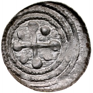 Bolesław III Krzywousty 1107-1138, Denar, Av.: Walka ze smokiem, Rv.: Krzyż o ramionach zakończonych kulami, między ramionami duże kropki.