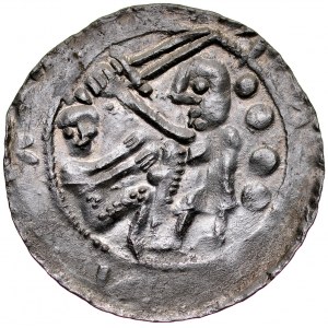 Władysław II Wygnaniec 1138-1146, Denar, Av.: Książę i jeniec, za nim w polu 4 duże kropki, Rv.: Orzeł i zając, w polu 5 kropek.