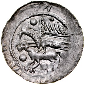 Ladislav II. vyhnanec 1138-1146, denár, Av: Za ním v poli 4 velké tečky, Rv: R: orel a zajíc, v poli 5 teček.