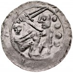 Władysław II Wygnaniec 1138-1146, Denar, Av.: Książę i jeniec, za nim w polu 4 duże kropki, Rv.: Orzeł i zając, w polu 5 kropek.