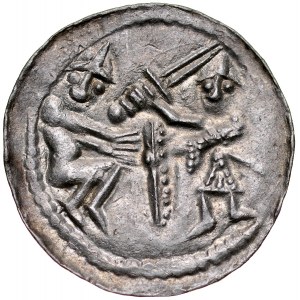 Ladislaus II. der Verbannte 1138-1146, Denar, Av.: Fürst und Gefangener in Helm!!!, Rv: Adler und Hase, im Feld 2 Kreuze und ein Punkt.
