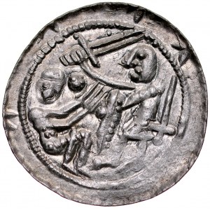 Ladislaus II the Exile 1138-1146, Denarius, Av: Prince and captive, in field near captive's head additional dot with ornaments, behind prince vertically sword, Rv: Eagle and hare, in field cross, dot and colon.