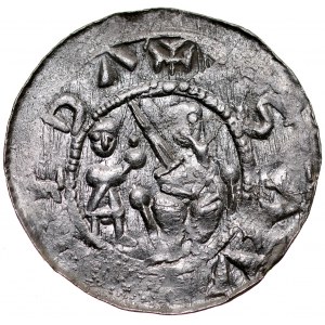 Władysław II Wygnaniec 1138-1146, Denar, Av.: Książę z poddanym, Rv.: Walka z lwem.