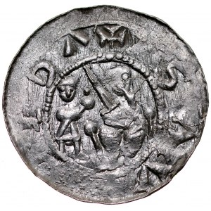 Ladislaus II the Exile 1138-1146, Denarius, Av: Prince with subject, Rv: Fight with a lion.