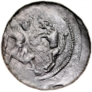 Władysław II Wygnaniec 1138-1146, Denar, Av.: Książę z poddanym, Rv.: Walka z lwem.