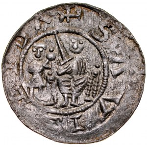 Ladislaus II the Exile 1138-1146, Denarius, Av: Prince with subject, Rv: Fight with a lion.