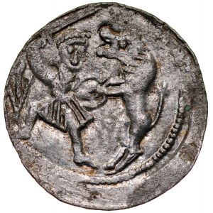 Ladislaus II. der Verbannte 1138-1146, Denar, Av: Fürst mit Untertan, Rv: Kampf mit Löwe.