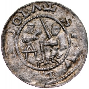Ladislaus II. der Verbannte 1138-1146, Denar, Av: Fürst mit Untertan, Rv: Kampf mit Löwe.