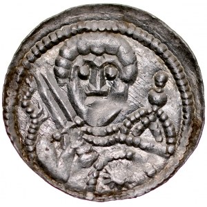 Ladislaus II the Exile 1138-1146, Denarius, Av: Prince with sword and shield, on it a star, in the field a mitre and a pearl lizard?, Rv.: Bishop with pastoral and bible, crosses on the sides.