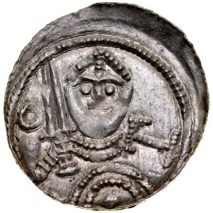 Ladislaus II the Exile 1138-1146, Denarius, Av: Prince in helmet holds sword and shield, on it umbo, in field circles and letter T, Rv.: Bishop with pastoral and bible.