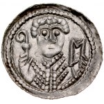 Ladislaus II the Exile 1138-1146, Denarius, Av: Prince in helmet holds sword and shield, on it umbo, in field circles and letter T, Rv.: Bishop with pastoral and bible.