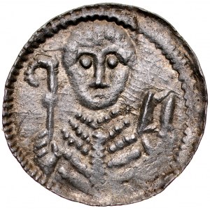 Ladislaus II the Exile 1138-1146, Denarius, Av: A prince in a helmet holds swords and a shield, with dot fittings on it, in the field the letters I-NC and two dots each, Rv.: A bishop with a pastoral and a bible.