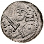 Ladislaus II the Exile 1138-1146, Denarius, Av: A prince in a helmet holds swords and a shield, with dot fittings on it, in the field the letters I-NC and two dots each, Rv.: A bishop with a pastoral and a bible.