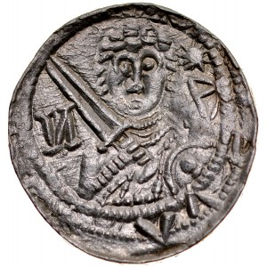 Władysław II Wygnaniec 1138-1146, Denar, Av.: Książę z mieczem i tarczą, na niej umbo, w polu odwrócona litera N oraz B, nad nią gwiazda, Rv.: Biskup z pastorałem, biblią, nad nią wieloramienna gwiazda.