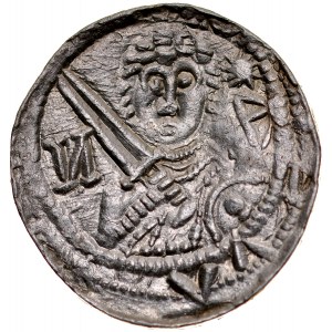 Ladislaus II the Exile 1138-1146, Denarius, Av: Prince with sword and shield, on it umbo, in the field inverted letter N and B, above it a star, Rv.: Bishop with pastoral, bible, above it a multi-pointed star.