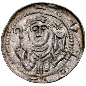 Ladislaus II the Exile 1138-1146, Denarius, Av: Prince with sword and shield, on it umbo, in the field inverted letter N and B, above it a star, Rv.: Bishop with pastoral, bible, above it a multi-pointed star.