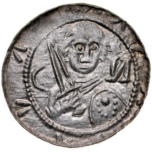 Władysław II Wygnaniec 1138-1146, Denar, Av.: Książę z mieczem i tarczą, na niej okucia-ornament z kropek, w polu odwrócona litera N i półksiężyc, Rv.: Biskup z pastorałem i biblią.