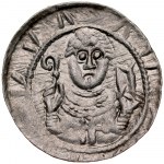 Władysław II Wygnaniec 1138-1146, Denar, Av.: Książę z mieczem i tarczą, na niej okucia-ornament z kropek, w polu odwrócona litera N i półksiężyc, Rv.: Biskup z pastorałem i biblią.