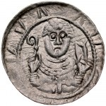 Ladislaus II the Exile 1138-1146, Denarius, Av: Prince with sword and shield, on it hardware-ornament of dots, in the field inverted letter N and crescent, Rv.: Bishop with pastoral and bible.