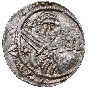 Ladislaus II the Exile 1138-1146, Denarius, Av: Prince with sword and shield, in field 3 stars and reclining letter S, Rv.: Bishop with pastoral and bible.