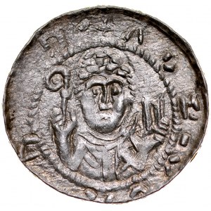 Władysław II Wygnaniec 1138-1146, Denar, Av.: Książę z mieczem i tarczą, w polu 3 gwiazdy i leżąca litera S, Rv.: Biskup z pastorałem i biblią.