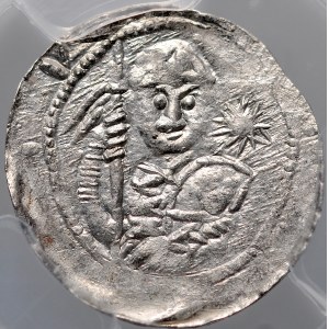 Ladislaus II. der Verbannte 1138-1146, Denar, A.: Fürst mit Wimpel und Schild, im Feld ein Stern, Rv: Kampf mit Löwe.