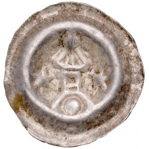 Button brakteat 2nd half of 13th century, unspecified district, Av.: On the arch a tower, below it a dot, on the sides stars.