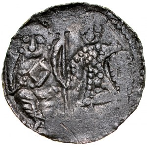 Boleslaw III. von Wrymouth 1107-1138, Denar, Av: Fürst und St. Adalbert, Rv: Griechisches Kreuz, zwei Legenden, fragmentarisch lesbar DABL / BOLZLEV.