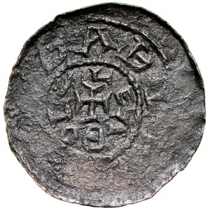 Boleslao III di Wrymouth 1107-1138, Denario, Av: Principe e Sant'Adalberto, Rv: Croce greca, due legende, frammento leggibile DABL / BOLZLEV.
