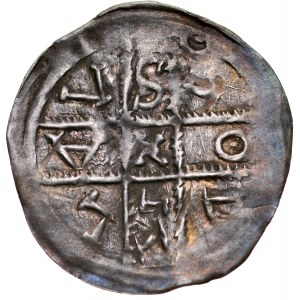 Ks. Opolsko-Raciborskie, Władysław II 1163-1177, Denar, Av.: Dwie postacie z chorągwią, , Rv.: Krzyż perełkowy, między jego ramionami napis: LODISLAVS.