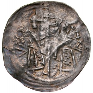 Ks. Opolsko-Raciborskie, Władysław II 1163-1177, Denar, Av.: Dwie postacie z chorągwią, , Rv.: Krzyż perełkowy, między jego ramionami napis: LODISLAVS.