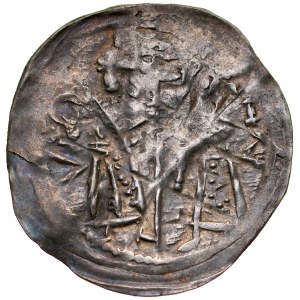 Opolský a Raciborský, Ladislav II. 1163-1177, denár, Av.: Dve postavy s vlajkou, , Rv: Perlový kríž, medzi ramenami nápis: LODISLAVS.