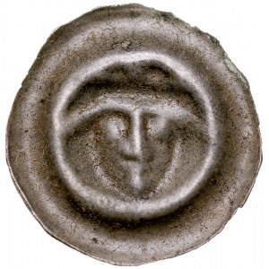 Gombík bracteate 2. polovica 13. storočia, bližšie neurčený okres, Av.: Korunovaná hlava.
