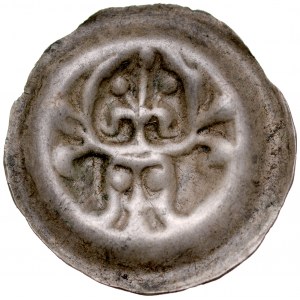 Button brakteat 2nd half of 13th century, Gdansk Pomerania?, Av.: Head in front surmounted by three lilies.