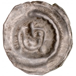 Brakteat guziczkowy II poł. XIII w., nieokreślona prowincja, Av.: Głowa długimi włosami.
