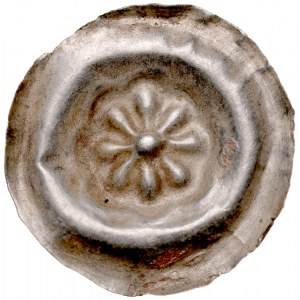 Brakteat guziczkowy II poł. XIII w., nieokreślona dzielnica, Av.: Rozeta ośmiolistna z kulą w środku.