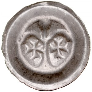 Button brakteat, Av.: Two arches supported by a pole, two crosses below them, above me a sphere on a support.