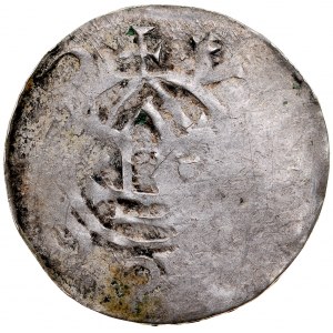 Mieclaw 1037-1047, Denarius, Mazovia, imitation of the Saxon denarius of Otto and Adelaide; Av: Cross with ODOD in the corners, +CIVE+CH; Rv: Chapel between two balls, back +[CI]DO[H]SV.