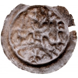 Rev. von Wrocław, Heinrich I. der Bärtige 1201-1238 oder Heinrich II. der Fromme 1238-1241, Brakteat, Av: Herzog am Bogen mit Schwert und Wimpel, darunter ein Kreuz. RRR.