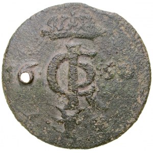 Johannes II. Kasimir 1649-1668, Shelly 1650 C-G, Bromberg. Einseitige Münze destrukt.
