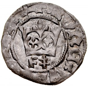 Wladyslaw Jagiello 1386-1434, Halbpfennig, Krakau, Av: Krone, darunter der Buchstabe F und ein Doppelkreuz, Rv: Jagiellonischer Adler.