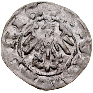 Wladyslaw Jagiello 1386-1434, Halbpfennig, Krakau, Av: Krone, darunter der Buchstabe F und ein Doppelkreuz, Rv: Jagiellonischer Adler.