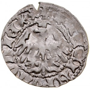 Ladislaus Jagiello 1386-1434, Halbpfennig, Krakau, Av: Krone, darunter der Buchstabe P, Rv: Jagiellonischer Adler.